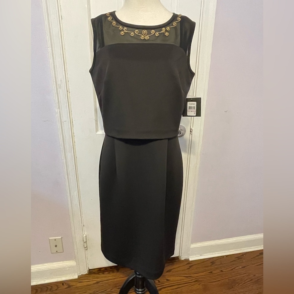 Ellen Tracy Black Dress with Sheer Neckline and Gold Embellishments, Size 6
